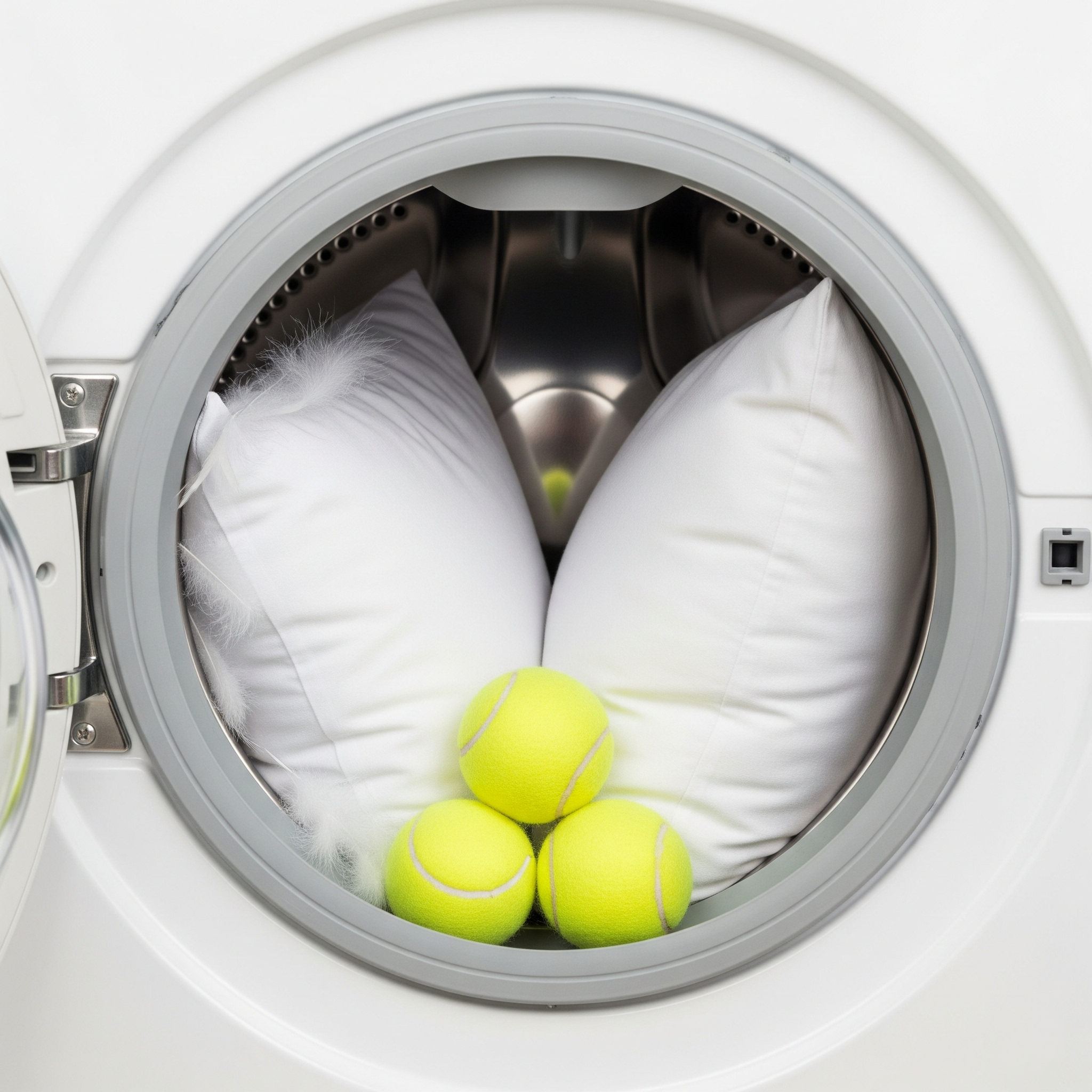 Pranie poduszek z pierza w pralce z piłeczkami tenisowymi.