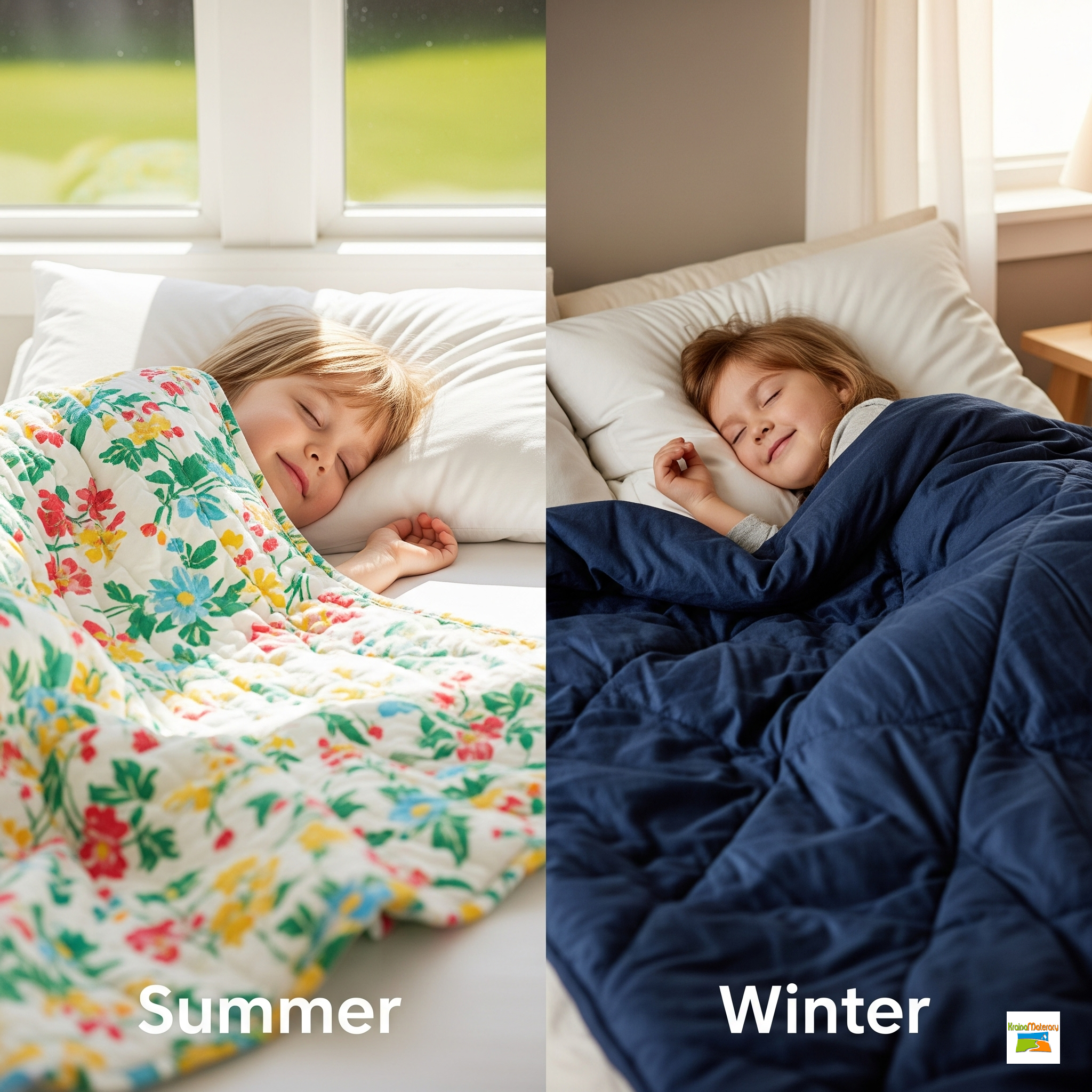 Porównanie kołdry letniej i zimowej dla dziecka, pokazujące różnicę w grubości i zapewniające komfort termiczny przez cały rok.