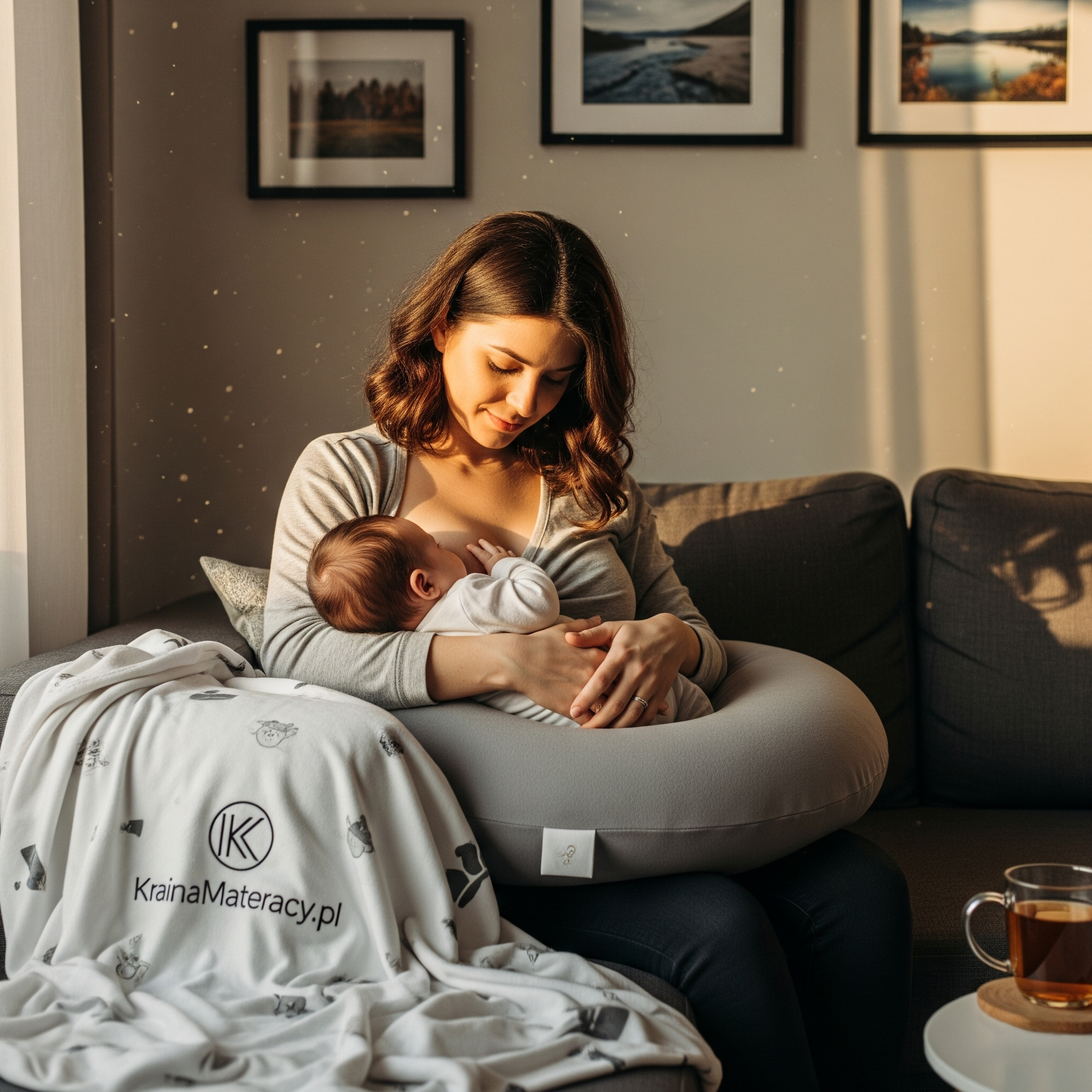 Młoda mama używająca poduszki ciążowej jako rogala do karmienia piersią noworodka. Wszechstronne zastosowanie poduszki ciążowej KrainaMateracy.pl.