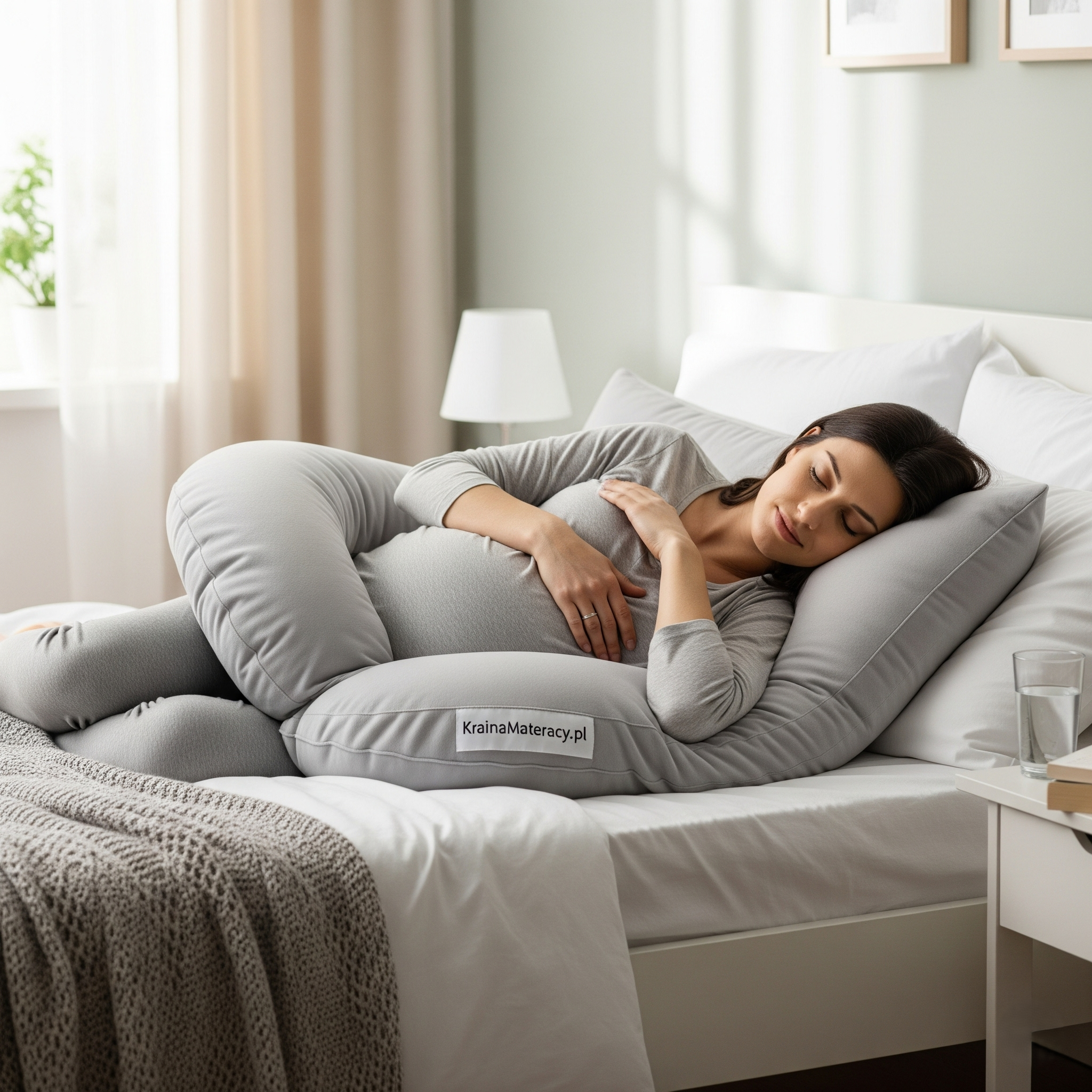 Kobieta w ciąży śpiąca na lewym boku z poduszką ciążową typu C, która wspiera plecy, brzuch i nogi. Komfortowy sen w ciąży dzięki poduszce od KrainaMateracy.pl.