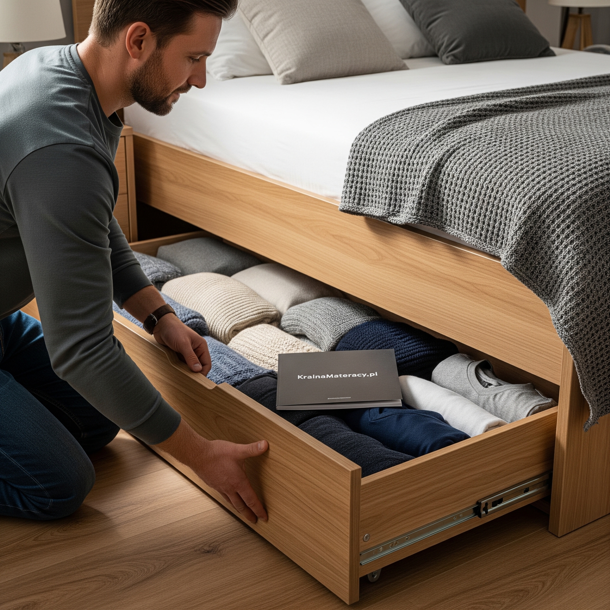 Mężczyzna otwierający szufladę w łóżku, co jest alternatywnym sposobem na przechowywanie w sypialni bez podnoszenia materaca.