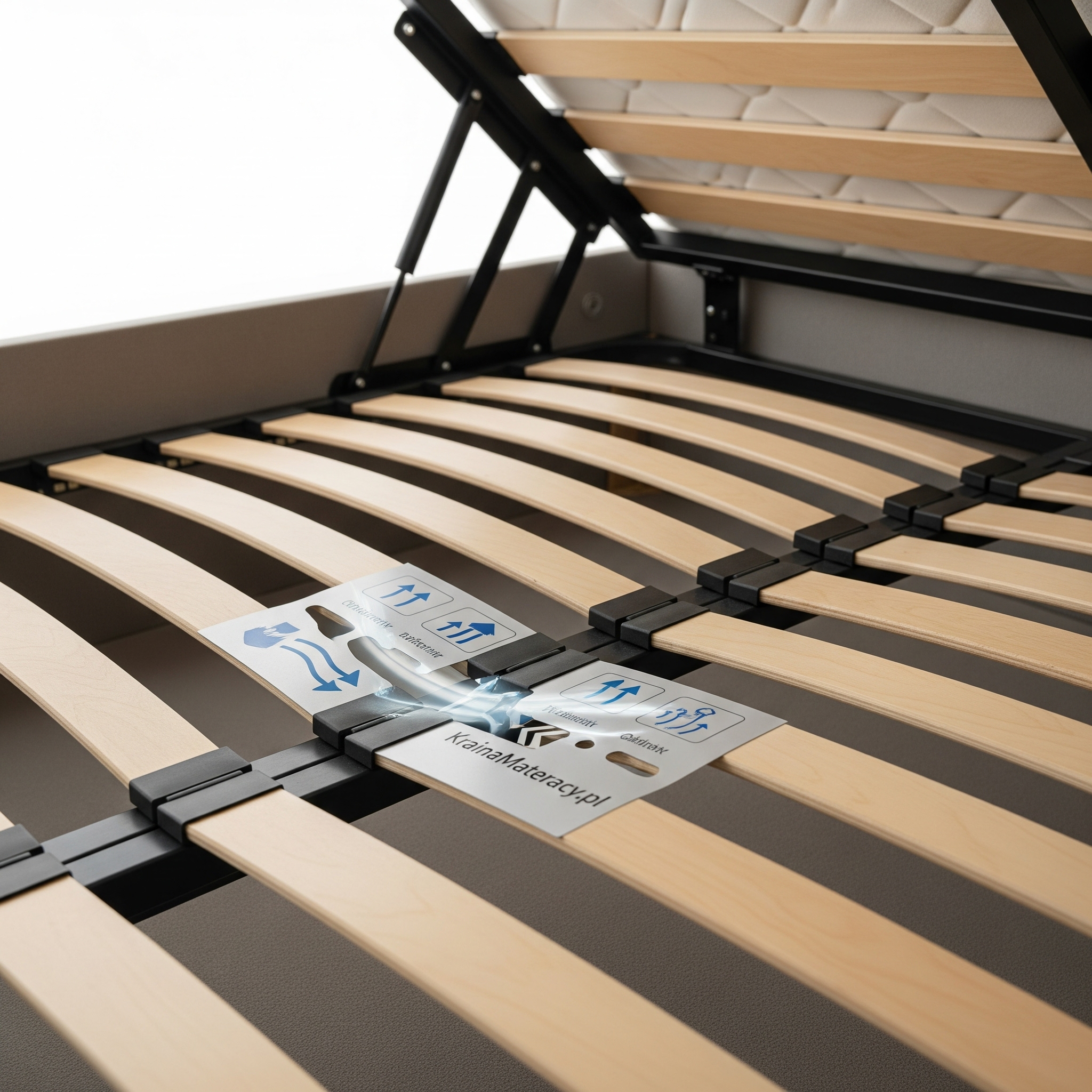 Zbliżenie na stelaż listwowy w łóżku z pojemnikiem, który dzięki przerwom między listwami zapewnia prawidłową wentylację materaca.