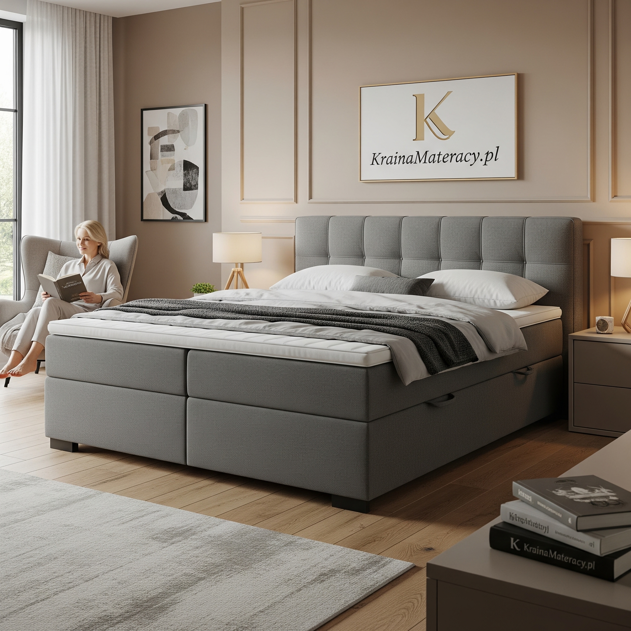 Uporządkowana i stylowa sypialnia, w której łóżko z pojemnikiem pomaga zachować ład i minimalistyczny wygląd.