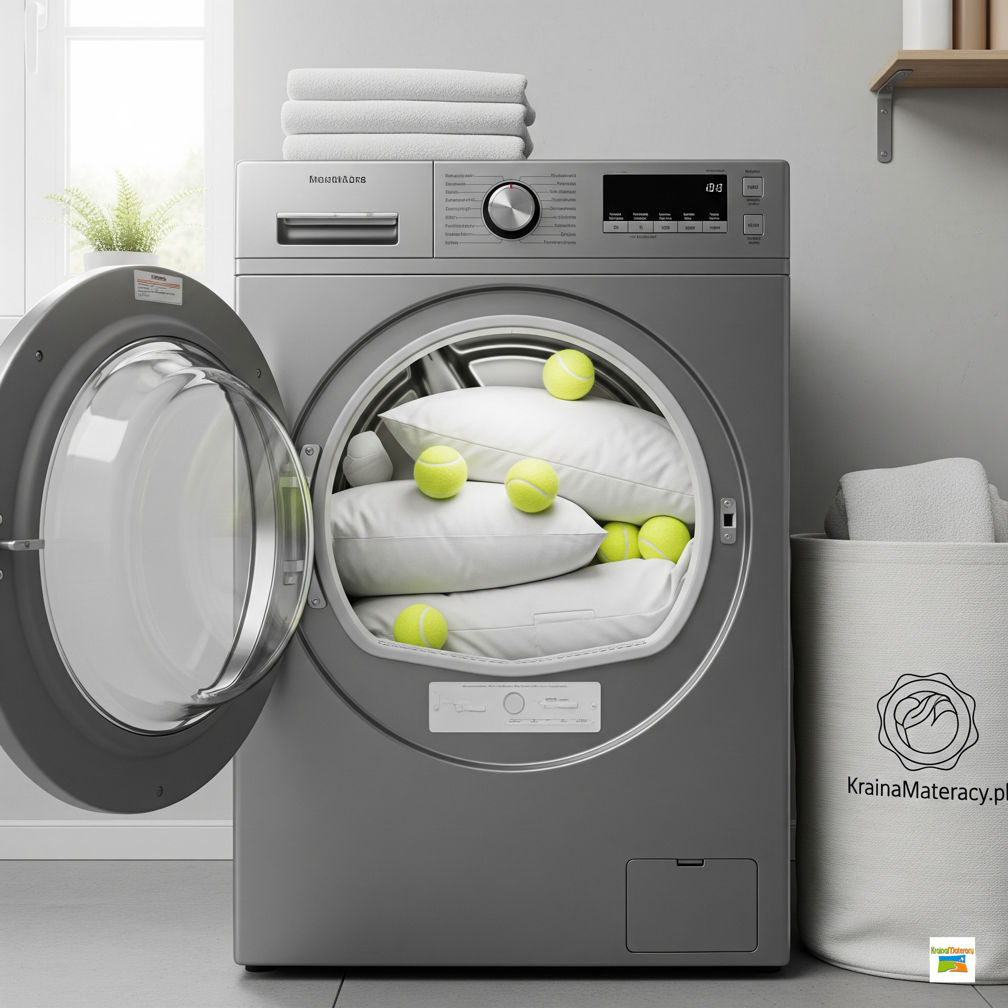 Suszarka bębnowa z poduszkami syntetycznymi i piłeczkami tenisowymi, w tle kosz na pranie z subtelnym logo KrainaMateracy.pl, ilustrująca prawidłowe suszenie.