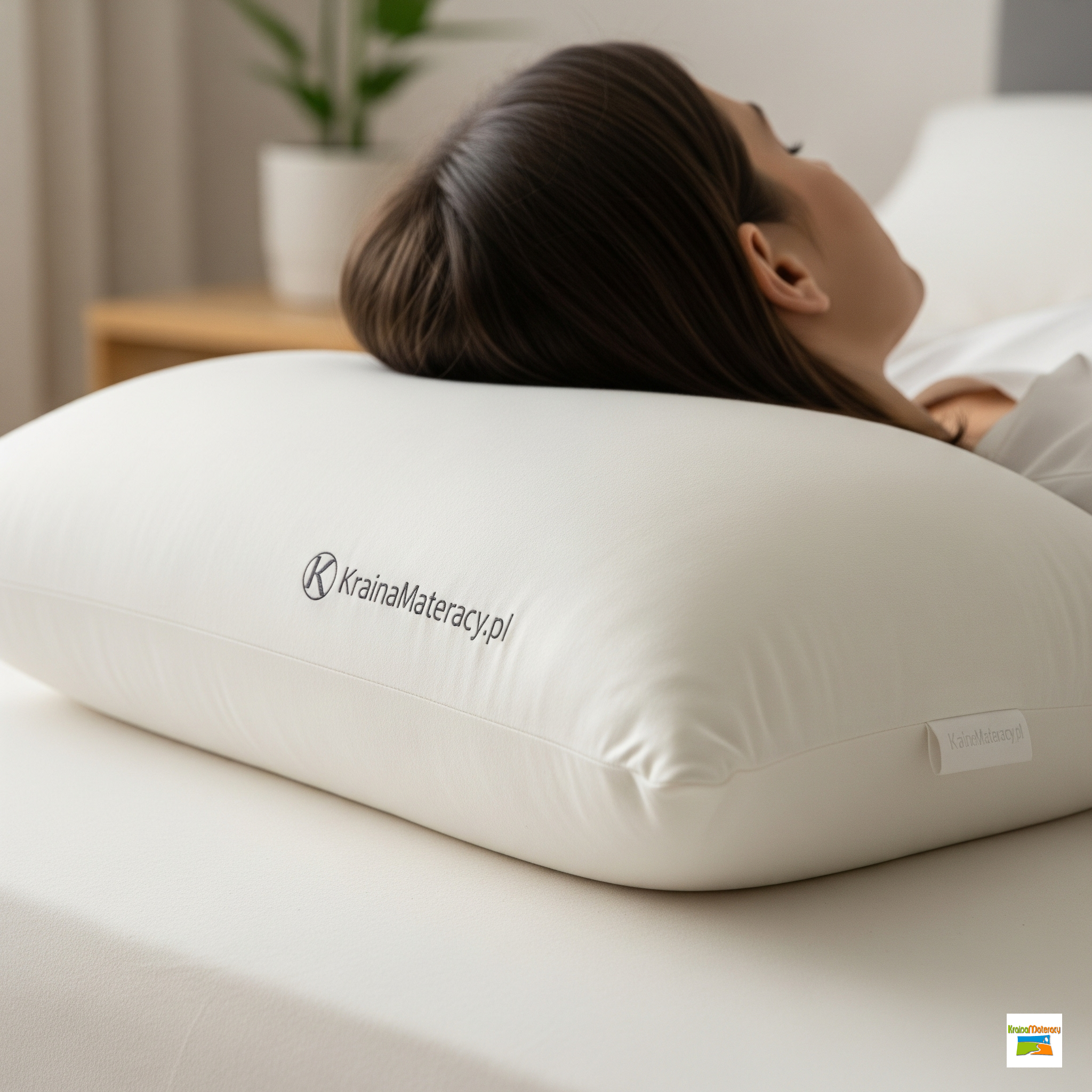 Poduszka ortopedyczna z subtelnym logo KrainaMateracy.pl, wspierająca szyję i głowę osoby śpiącej w neutralnej pozycji, pomagająca w walce z wdowim garbem.